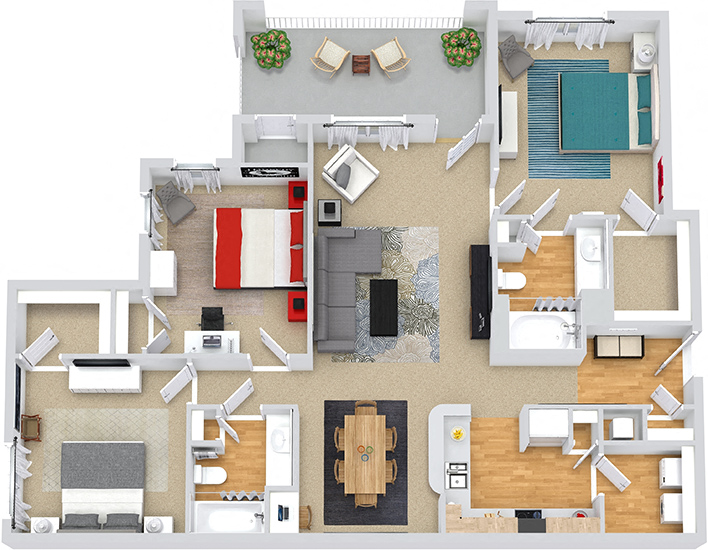Floor plan for 3 beds, 2 baths, 1313 sqft